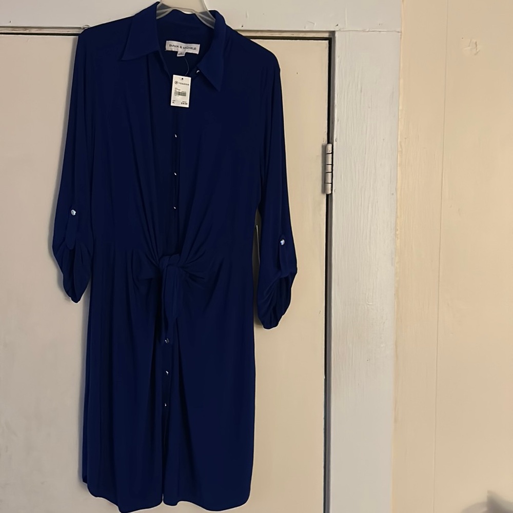 Blue long sleeve button down tie knot midi dress.